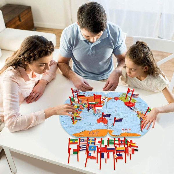 Wooden World Map With 30 (thirty) Countries Flags | World Map Puzzle With Flags And Capitals -kids Wooden Foldable National Flags Board Learn Geography, World Map, Countries, Capitals, Language For Kids, Toddlers And Adults