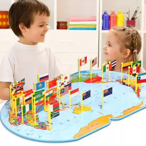 Wooden World Map With 30 (thirty) Countries Flags | World Map Puzzle With Flags And Capitals -kids Wooden Foldable National Flags Board Learn Geography, World Map, Countries, Capitals, Language For Kids, Toddlers And Adults